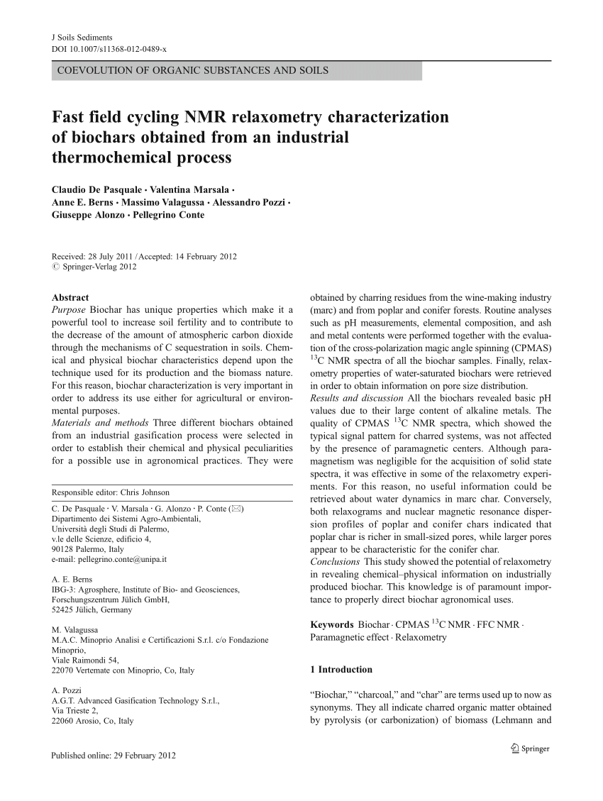 Pdf Coevolution Of Organic Substances And Soils Fast Field Cycling Nmr Relaxometry Characterization Of Biochars Obtained From An Industrial Thermochemical Process