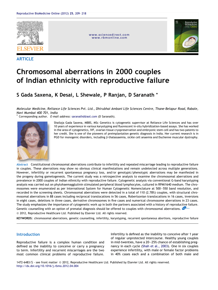 PDF) Chromosomal aberrations in 2000 couples of Indian ethnicity with reproductive failure
