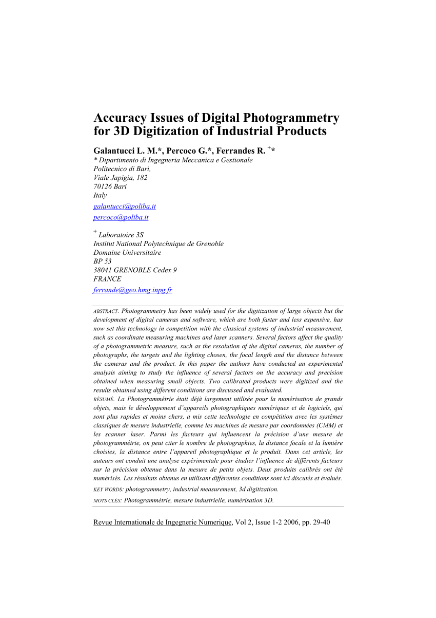 Pdf Accuracy Issues Of Digital Photogrammetry For 3d Digitization Of Industrial Products