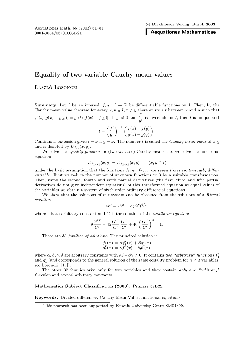 Pdf Equality Of Two Variable Cauchy Mean Values