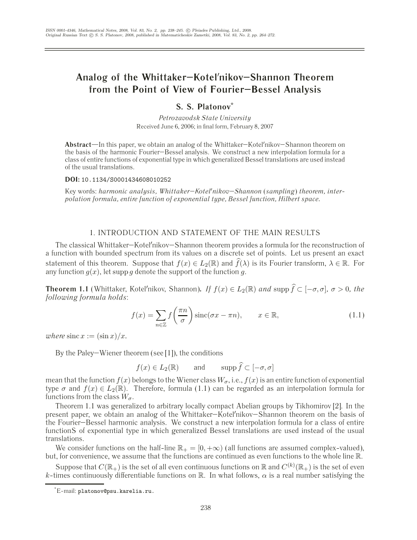 Pdf Analog Of The Whittaker Kotel Nikov Shannon Theorem From The Point Of View Of Fourier Bessel Analysis