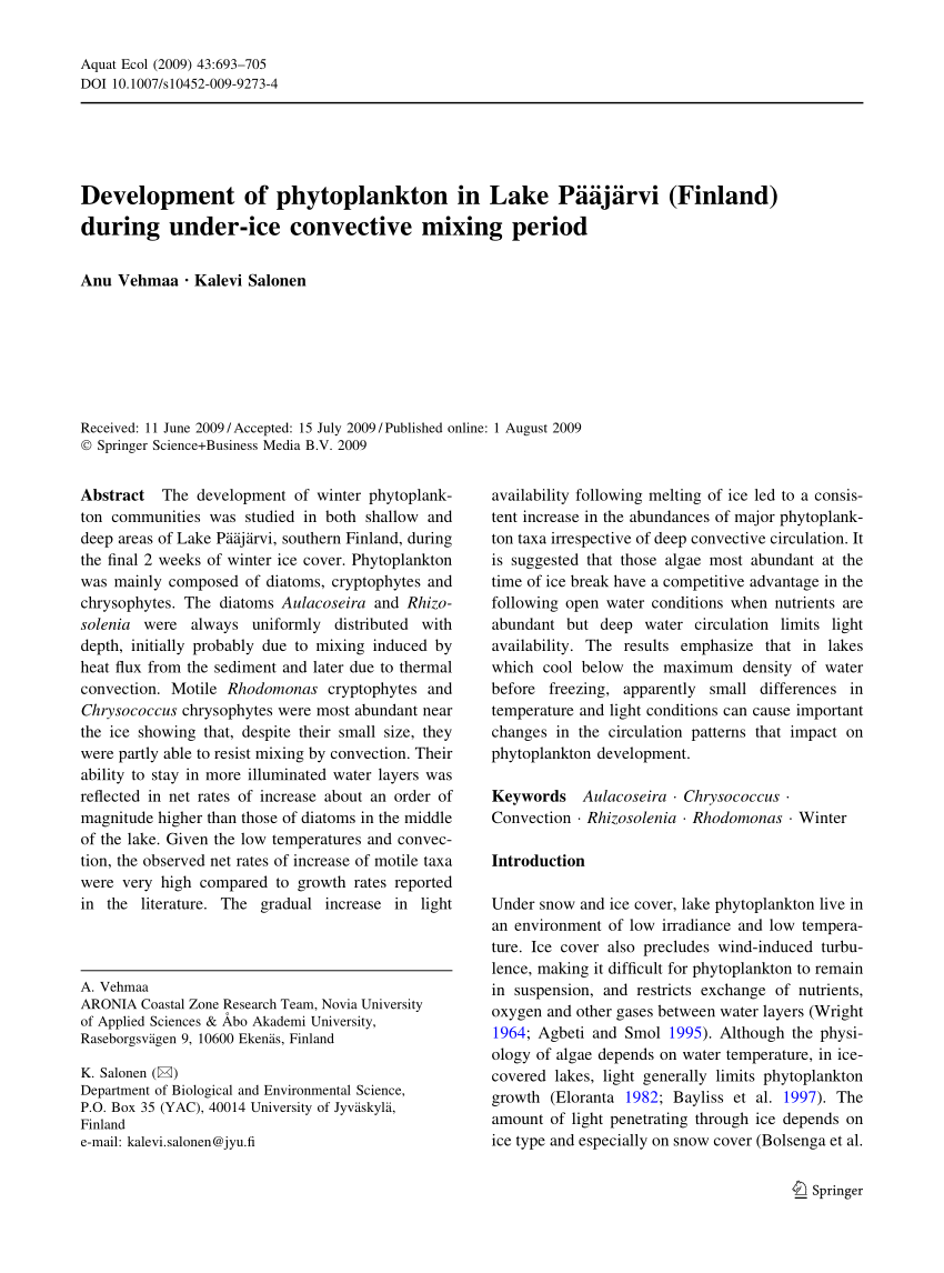Pdf Development Of Phytoplankton In Lake Paajarvi Finland During Under Ice Convective Mixing Period