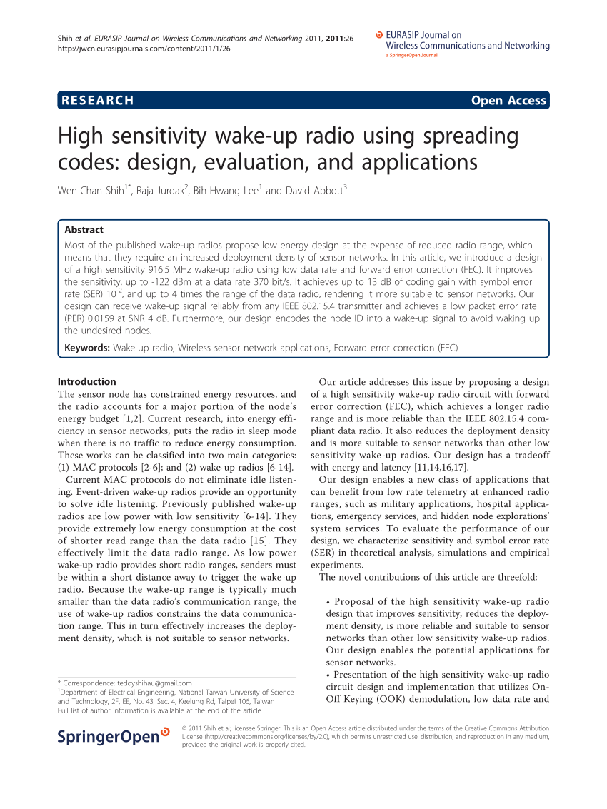 Pdf High Sensitivity Wake Up Radio Using Spreading Codes Design Evaluation And Applications