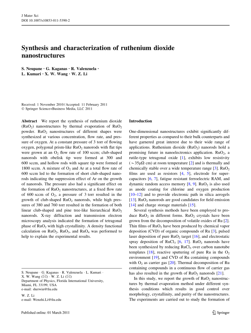 Pdf Synthesis And Characterization Of Ruthenium Dioxide Nanostructures