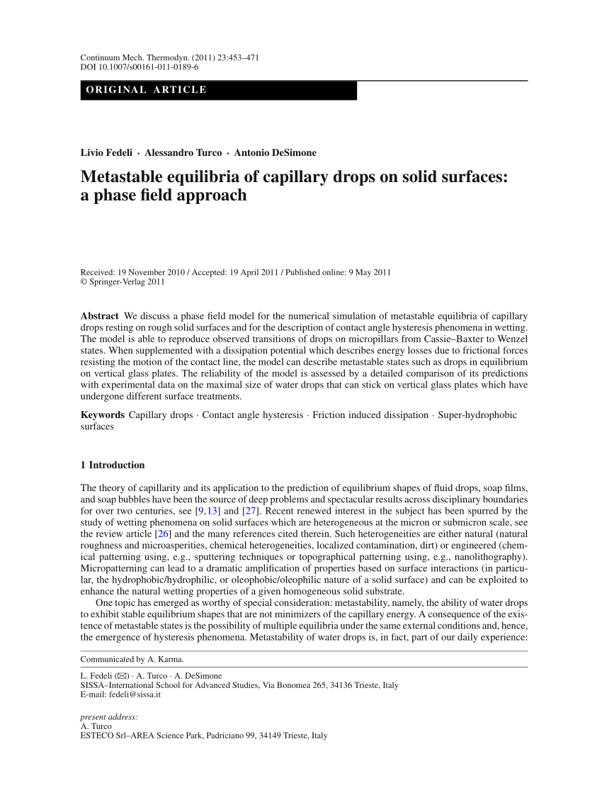 Pdf Metastable Equilibria Of Capillary Drops On Solid