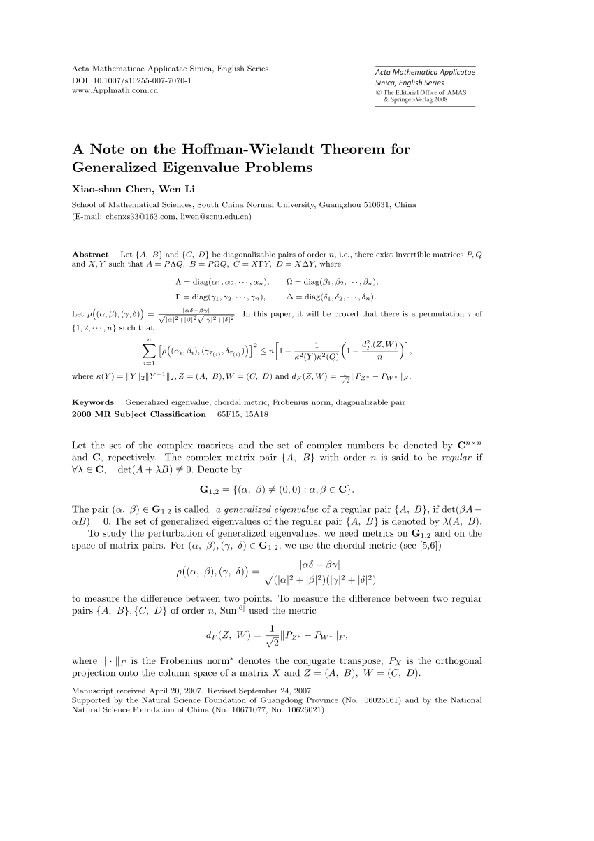 Pdf A Note On The Hoffman Wielandt Theorem For Generalized Eigenvalue Problems