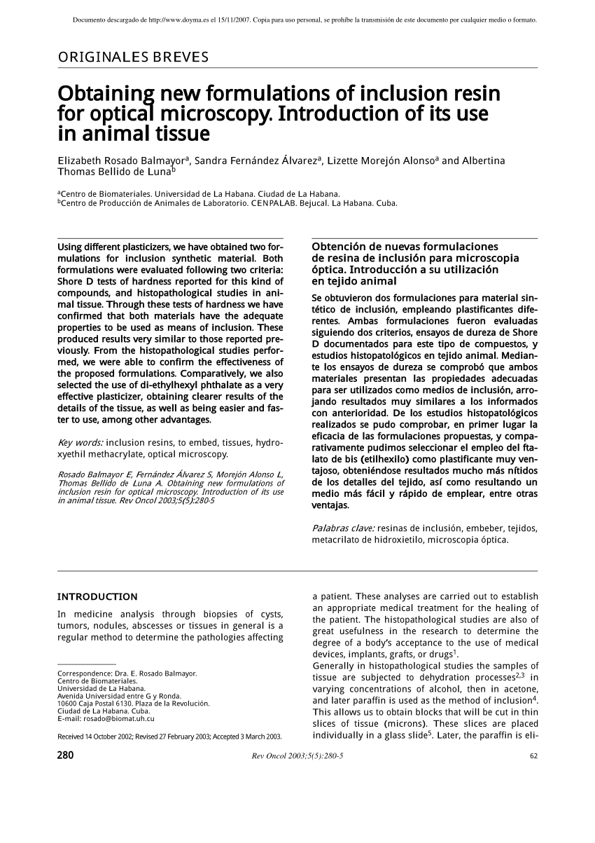 PDF) Obtaining new formulations of inclusion resin for optical microscopy.  Introduction of its use in animal tissue