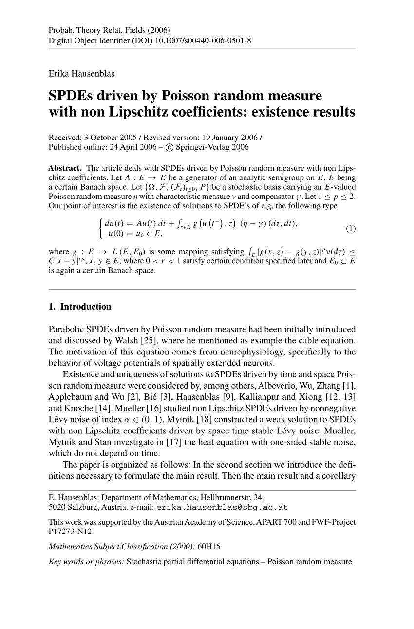 Pdf Spdes Driven By Poisson Random Measure With Non Lipschitz Coefficients Existence Results