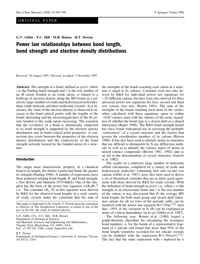 Pdf Power Law Relationships Between Bond Length Bond Strength And Electron Density Distributions