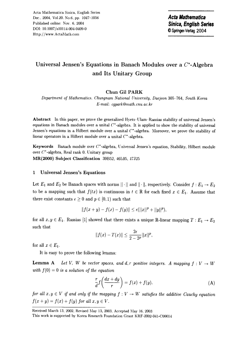 Pdf Universal Jensen S Equations In Banach Modules Over A C Algebra And Its Unitary Group
