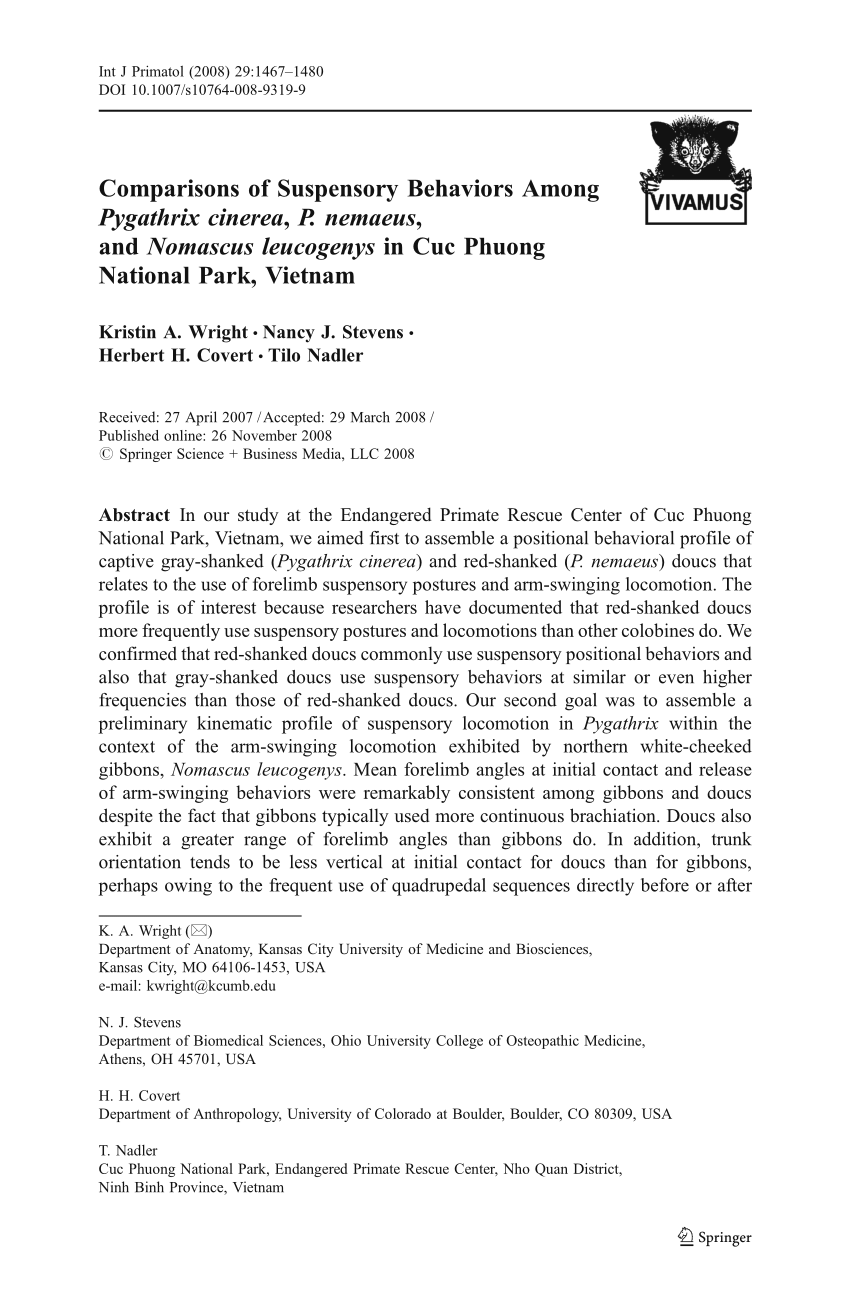 Pdf Comparisons Of Suspensory Behaviors Among Pygathrix Cinerea P Nemaeus And Nomascus Leucogenys In Cuc Phuong National Park Vietnam
