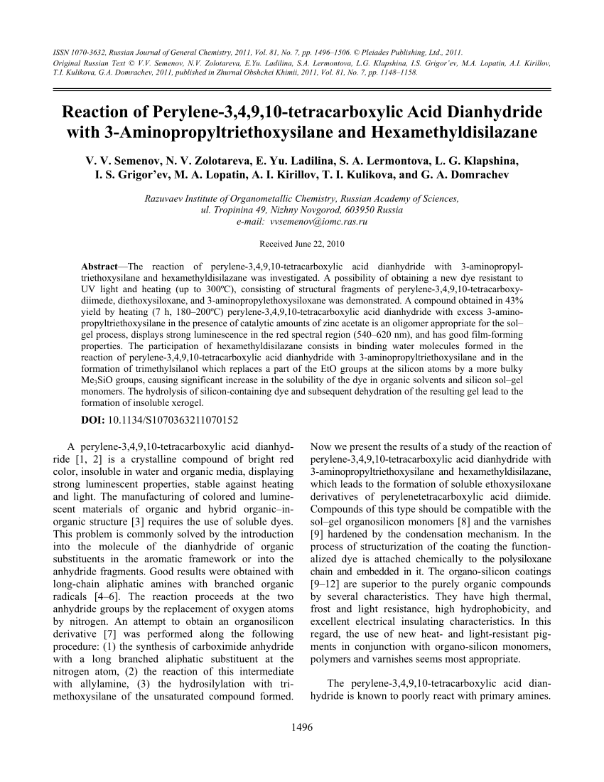 Pdf Reaction Of Perylene 3 4 9 10 Tetracarboxylic Acid Dianhydride With 3 Aminopropyltriethoxysilane And Hexamethyldisilazane