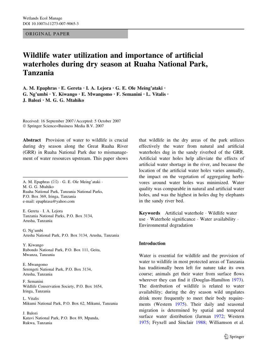 Pdf Wildlife Water Utilization And Importance Of Artificial Waterholes During Dry Season At Ruaha National Park Tanzania