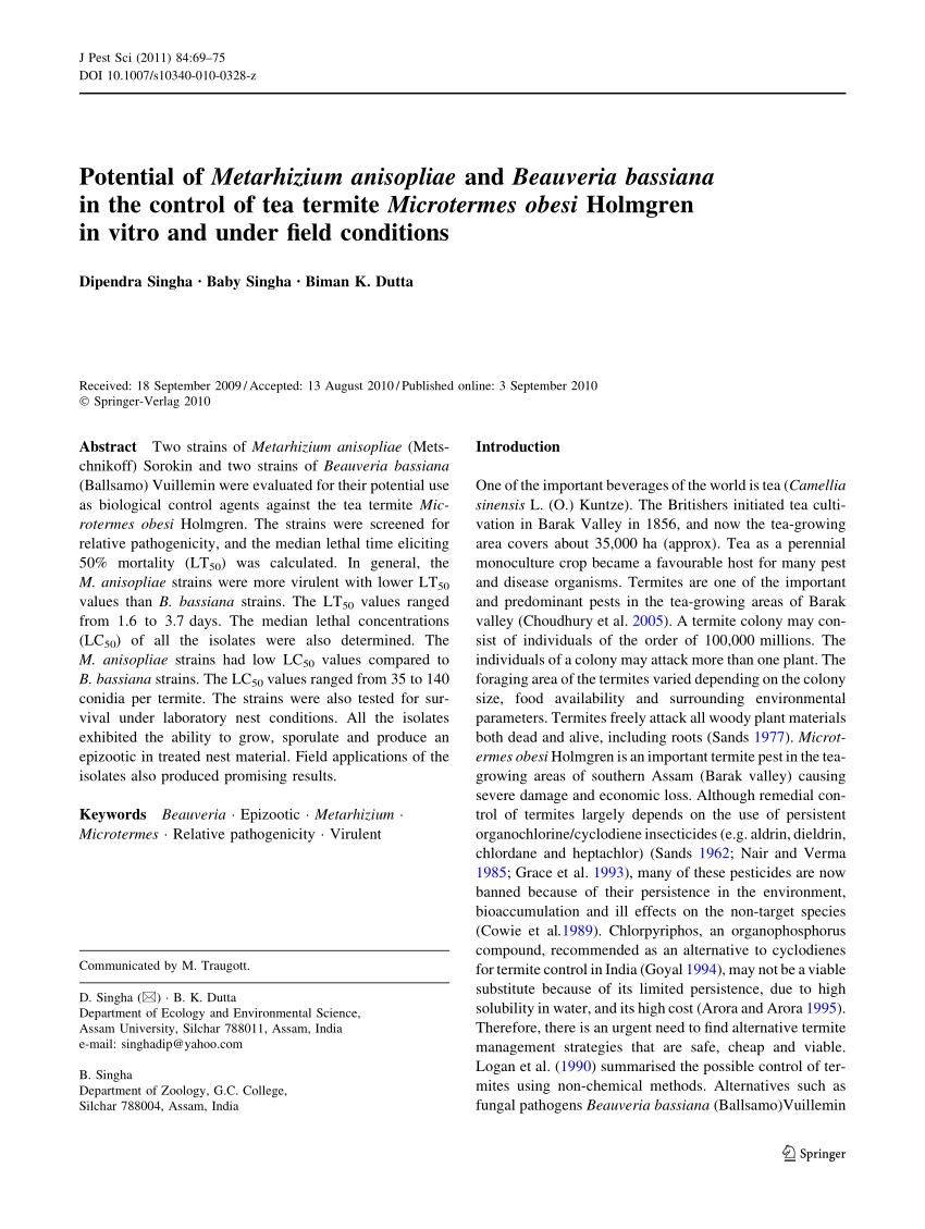 Pdf Potential Of Metarhizium Anisopliae And Beauveria Bassiana In The Control Of Tea Termite