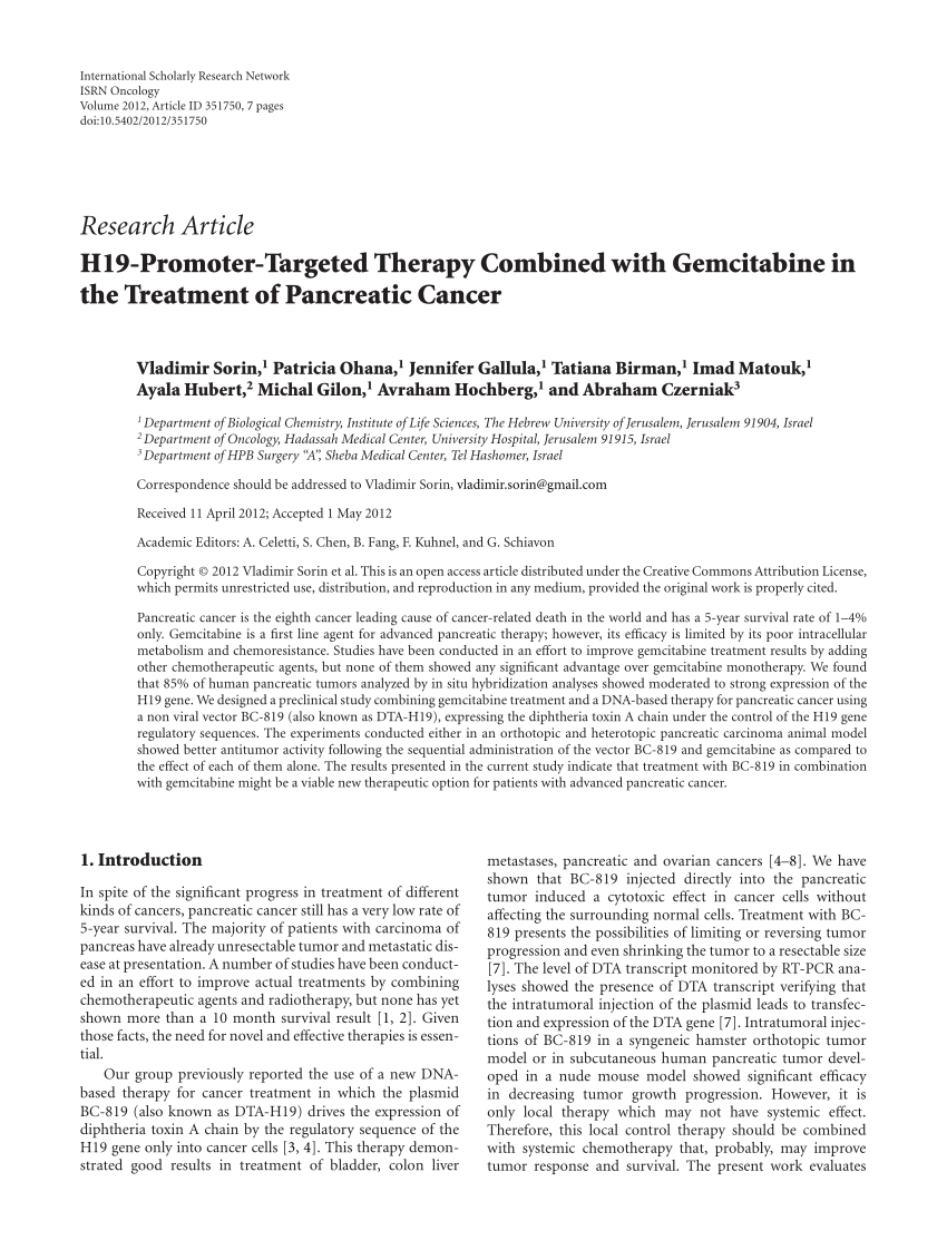 (PDF) H19-Promoter-Targeted Therapy Combined with Gemcitabine in the Sns-Brigh10