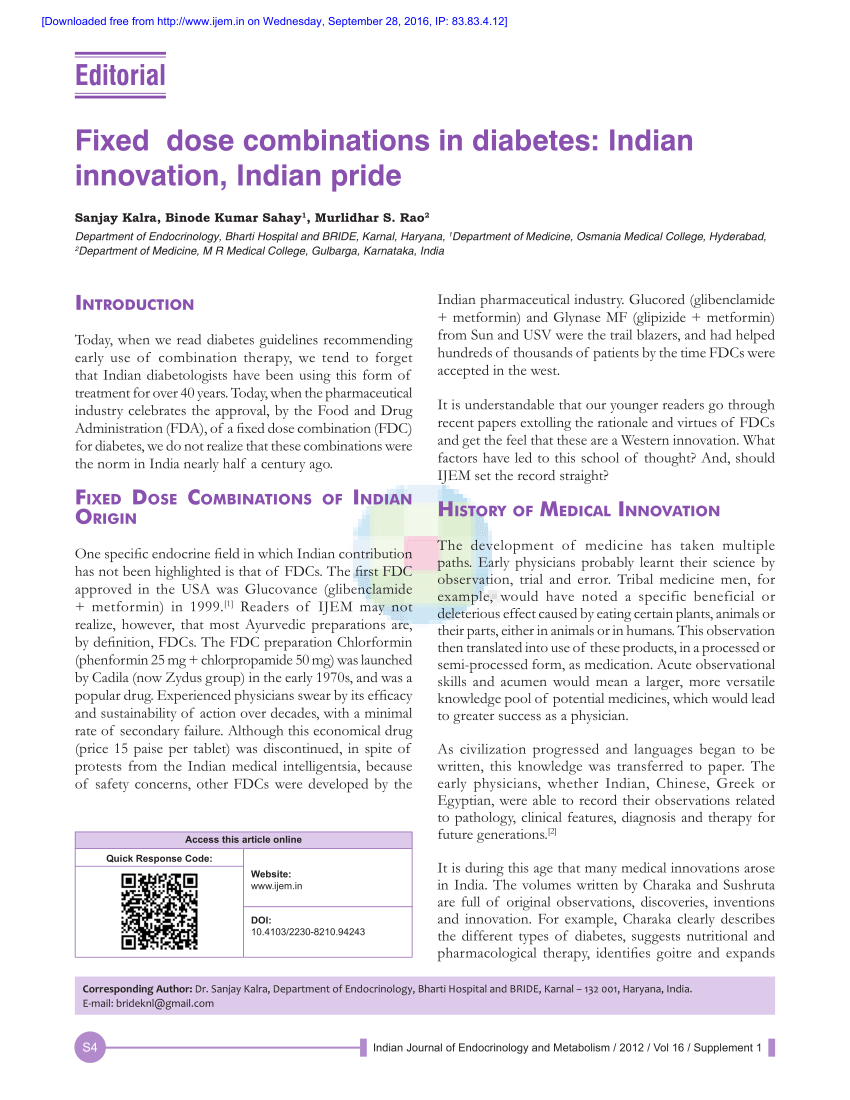 Pdf Fixed Dose Combinations In Diabetes Indian Innovation Indian Pride