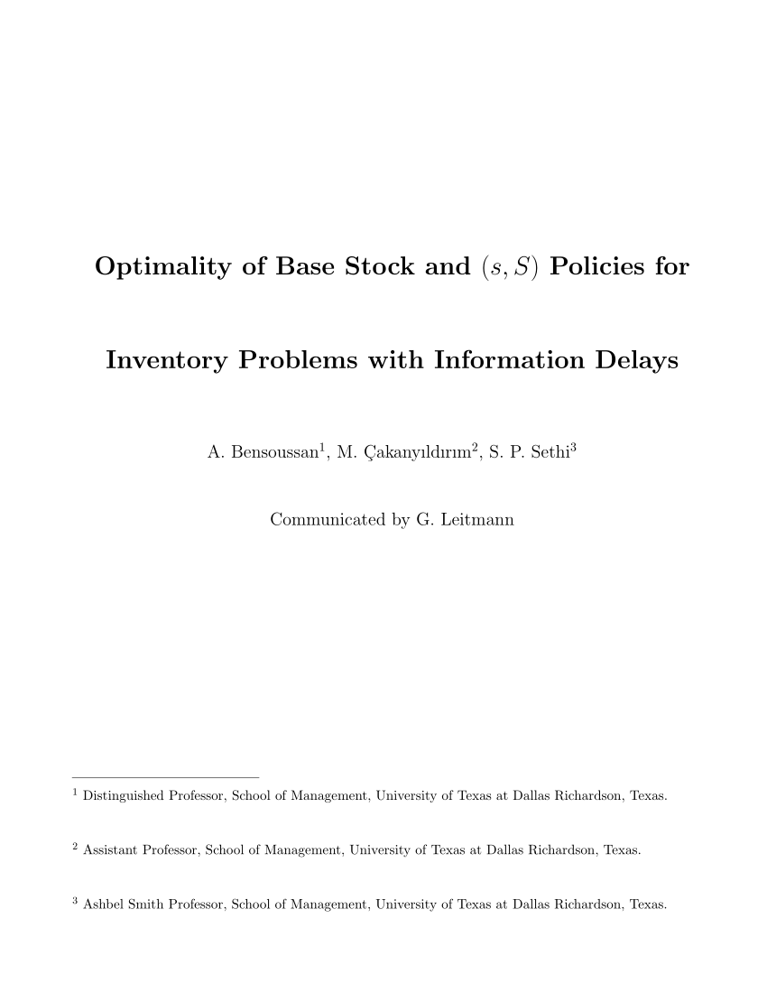 Pdf Optimality Of Base Stock And S S Policies For Inventory Problems With Information Delays