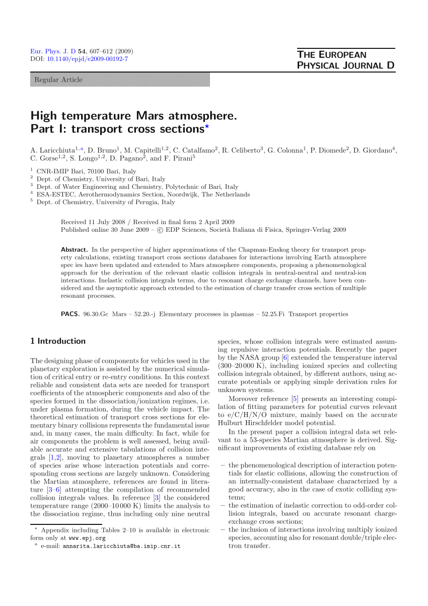 Pdf High Temperature Mars Atmosphere Part I Transport Cross Sections