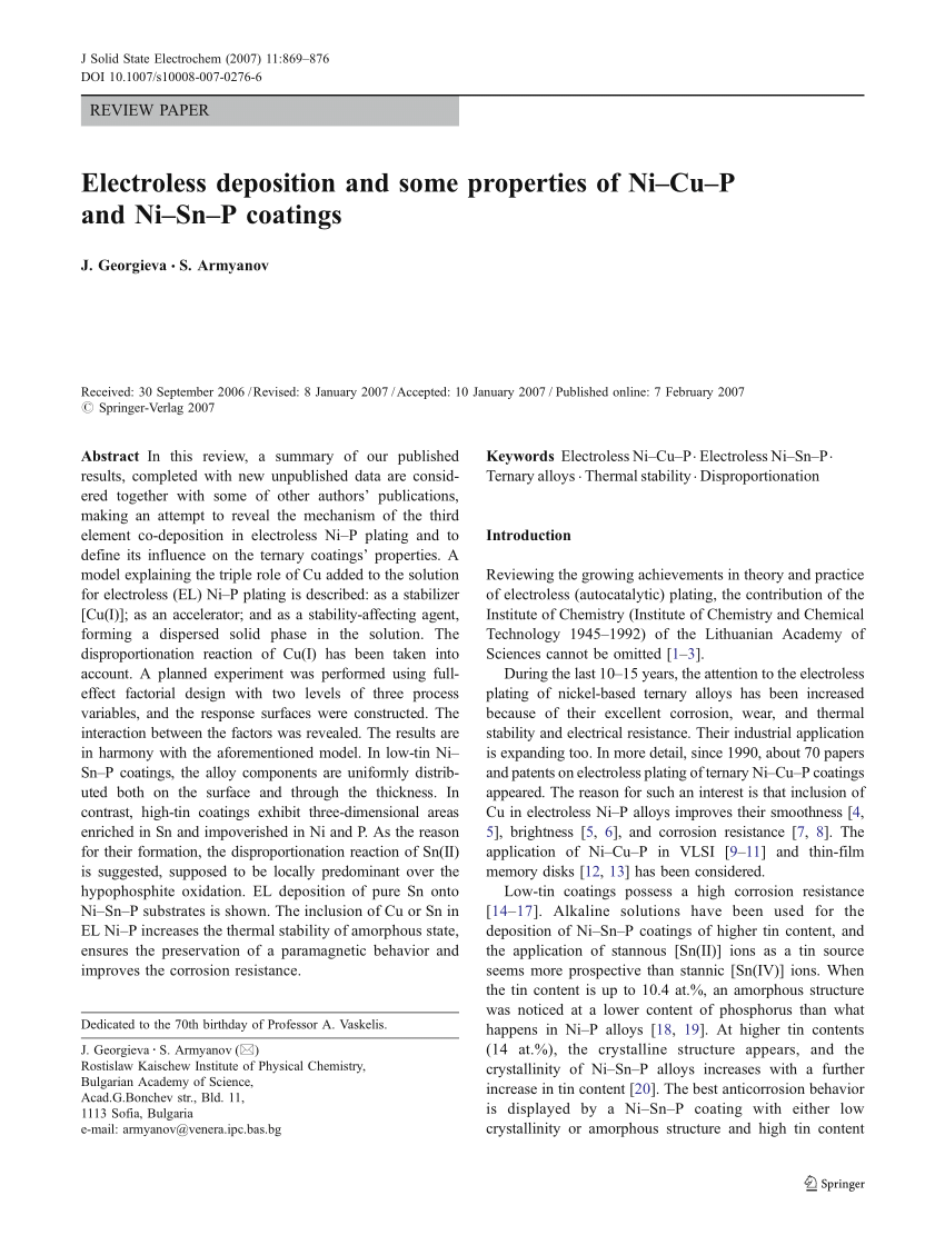 Pdf Electroless Deposition And Some Properties Of Ni Cu P And Ni Sn P Coatings