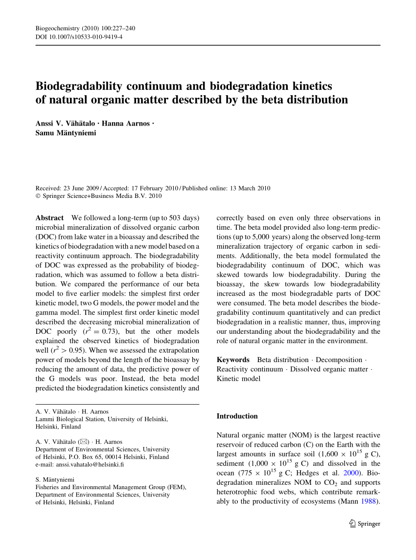 Pdf Biodegradability Continuum And Biodegradation Kinetics Of Natural Organic Matter Described By The Beta Distribution