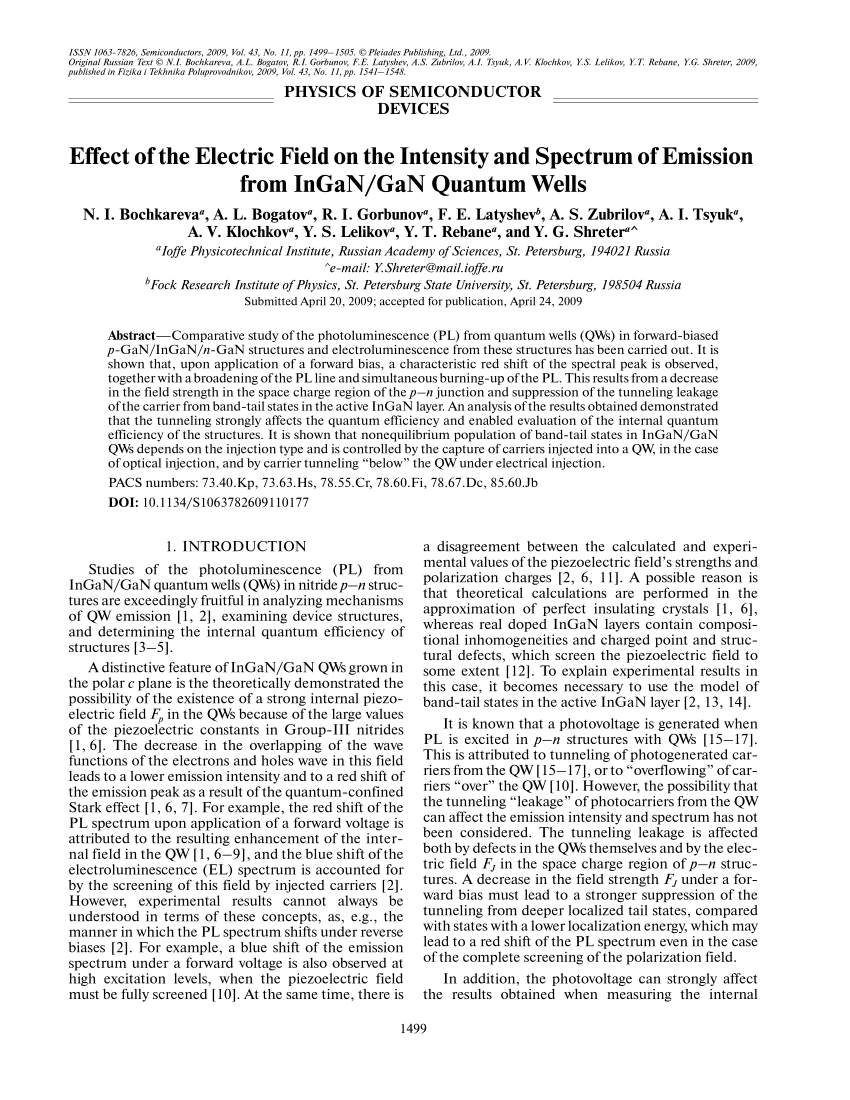 Pdf Effect Of The Electric Field On The Intensity And Spectrum Of Emission From Ingan Gan Quantum Wells