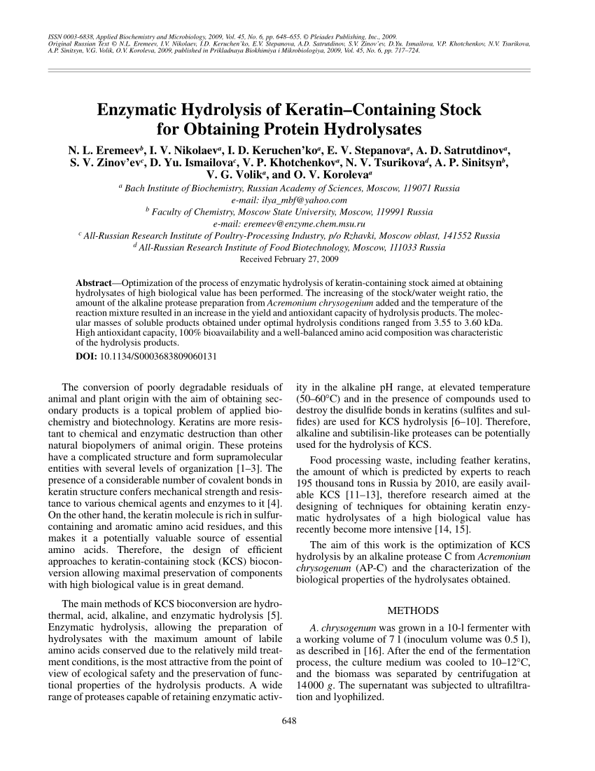 Pdf Enzymatic Hydrolysis Of Keratin Containing Stock For Obtaining Protein Hydrolysates