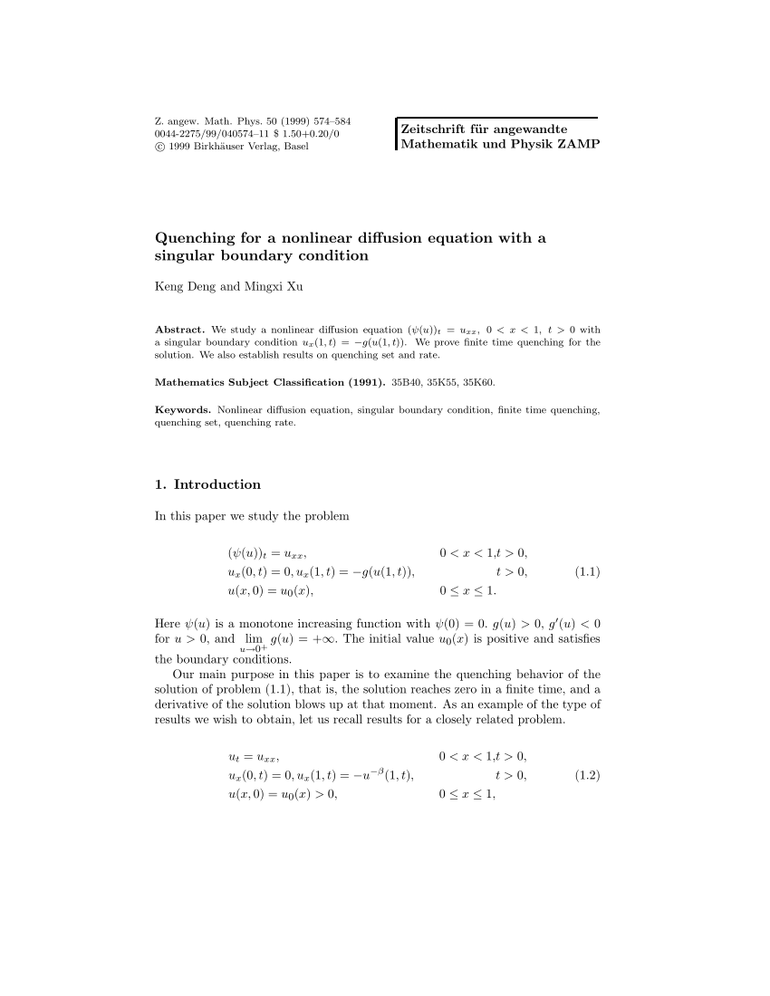 Pdf Quenching For A Nonlinear Diffusion Equation With A Singular Boundary Condition