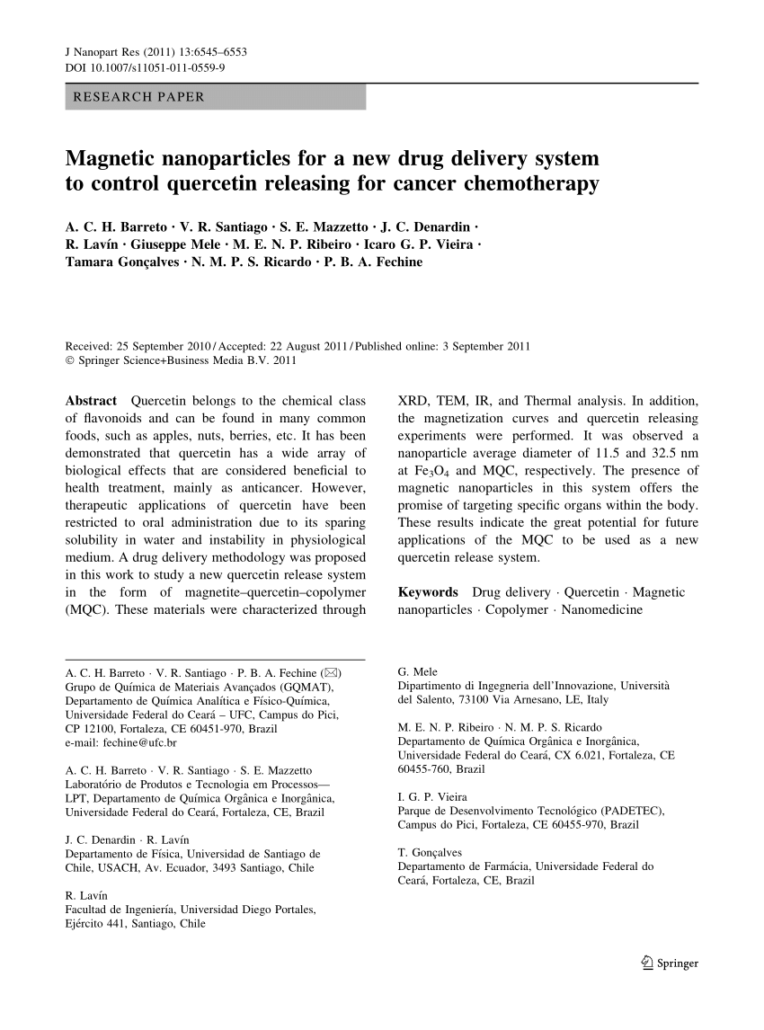 Pdf Magnetic Nanoparticles For A New Drug Delivery System To Control Quercetin For Cancer Chemotherapy