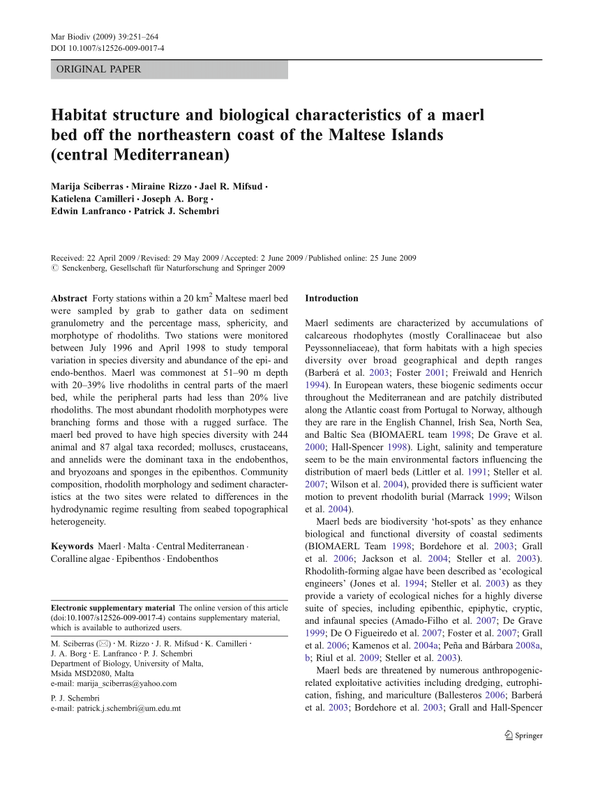 Pdf Habitat Structure And Biological Characteristics Of A Maerl Bed Off The Northeastern Coast Of The Maltese Islands Central Mediterranean