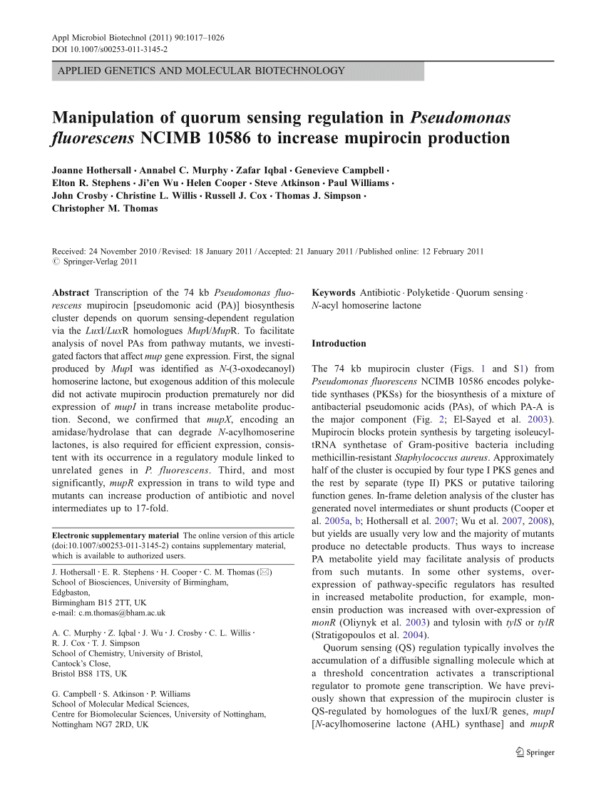 Pdf Manipulation Of Quorum Sensing Regulation In Pseudomonas Fluorescens Ncimb To Increase Mupirocin Production