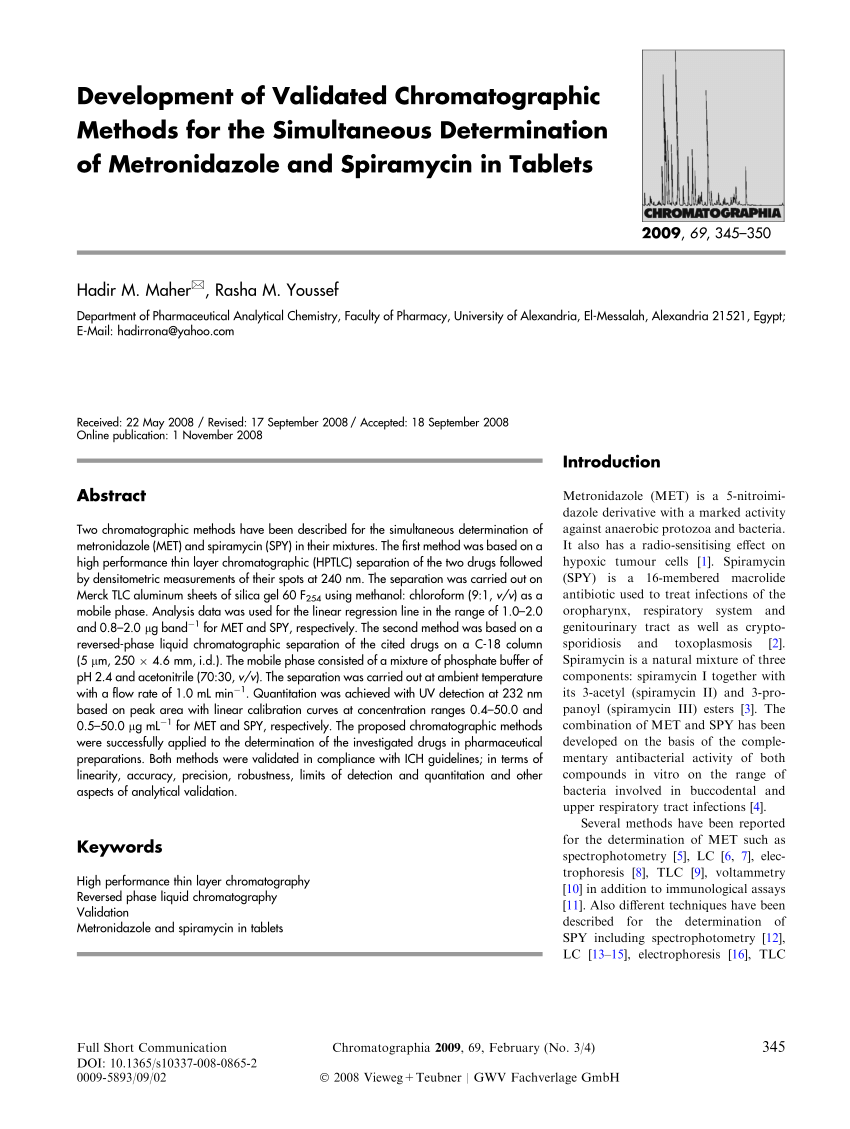 Pdf Development Of Validated Chromatographic Methods For The Simultaneous Determination Of Metronidazole And Spiramycin In Tablets
