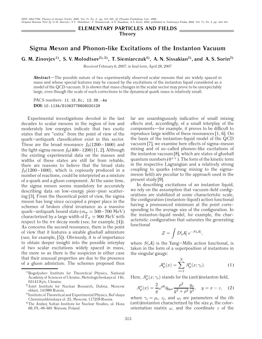Pdf Sigma Meson And Phonon Like Excitations Of The Instanton Vacuum