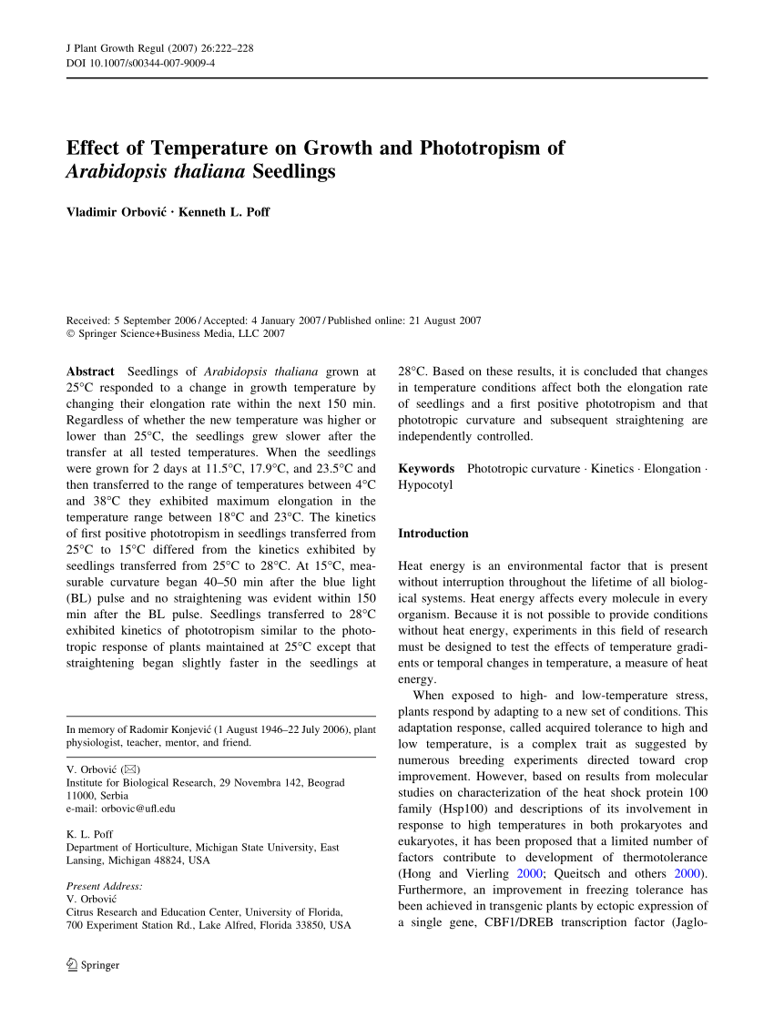 Pdf Effect Of Temperature On Growth And Phototropism Of Arabidopsis Thaliana Seedlings