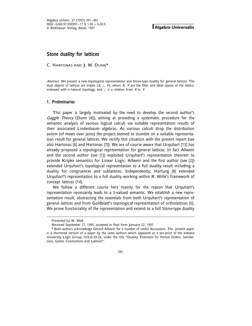 Pdf Stone Duality For Lattices