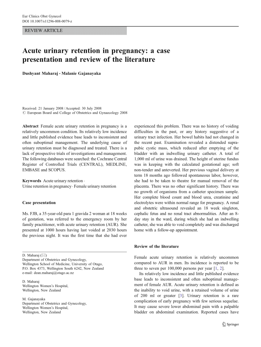 PDF) Acute urinary retention in pregnancy: A case presentation and