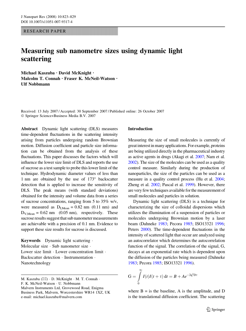 Pdf Measuring Sub Nanometre Sizes Using Dynamic Light Scattering