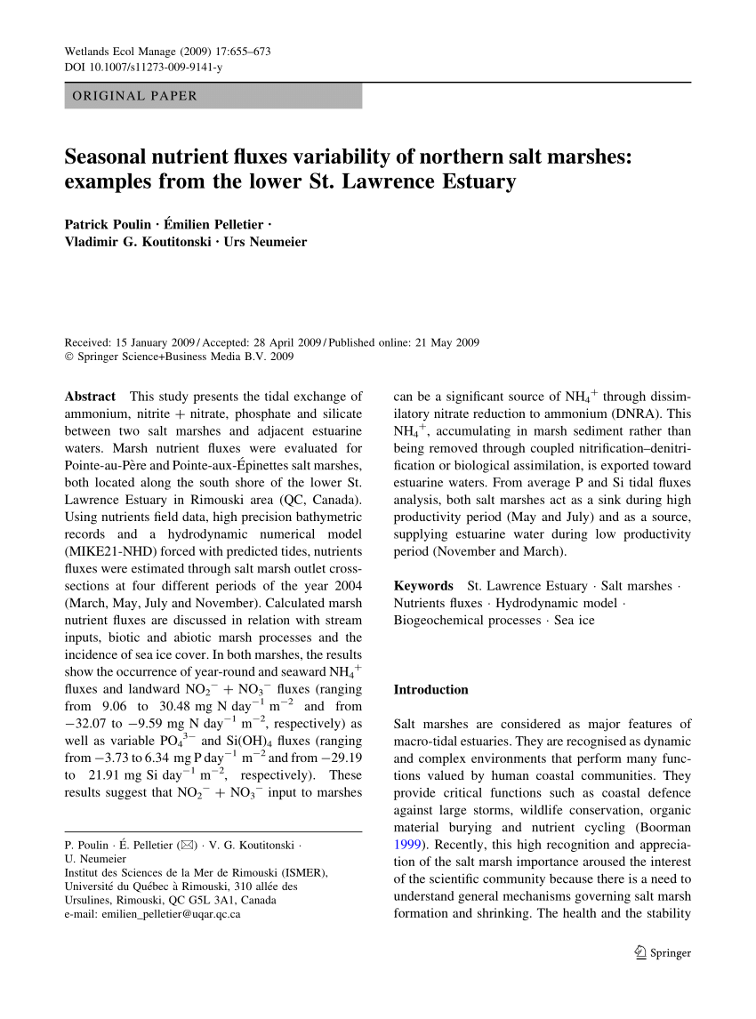 Pdf Seasonal Nutrient Fluxes Variability Of Northern Salt Marshes Examples From The Lower St Lawrence Estuary
