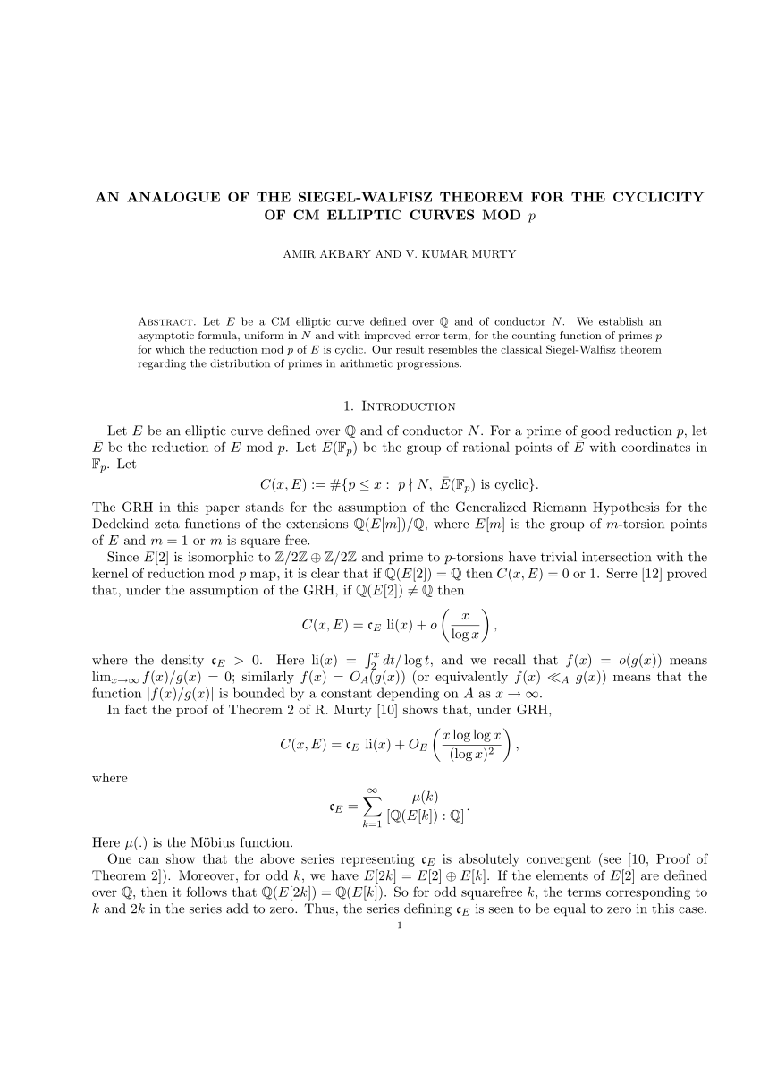 Pdf An Analogue Of The Siegel Walfisz Theorem For The Cyclicity Of Cm Elliptic Curves Mod P