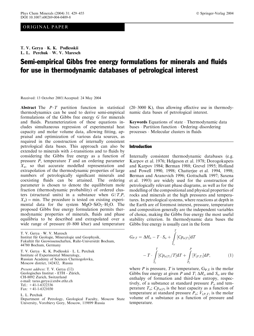 Pdf Semi Empirical Gibbs Free Energy Formulations For Minerals And Fluids For Use In Thermodynamic Databases Of Petrological Interest