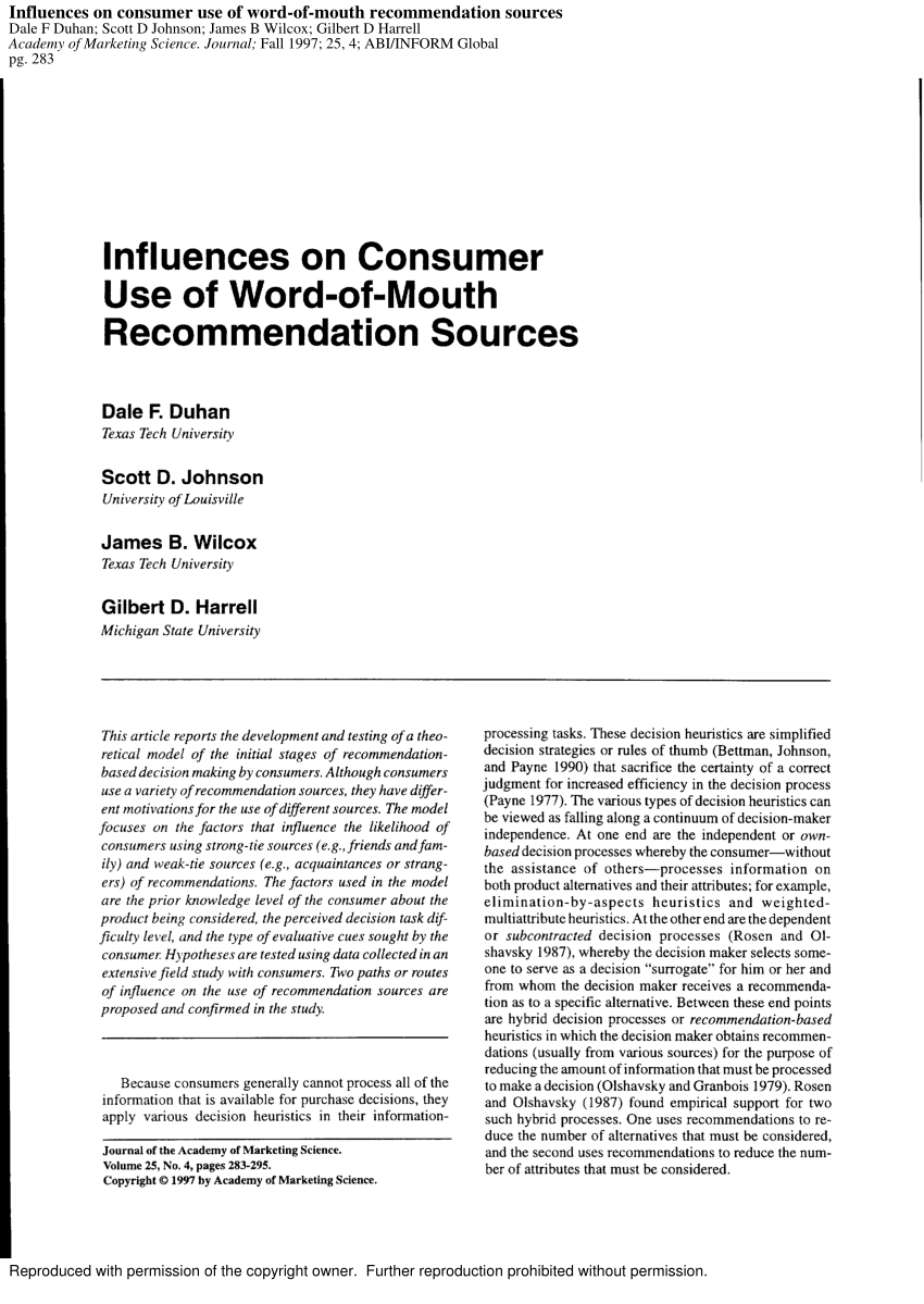 Pdf Influences On Consumer Use Of Word-of-mouth Recommendation Sources