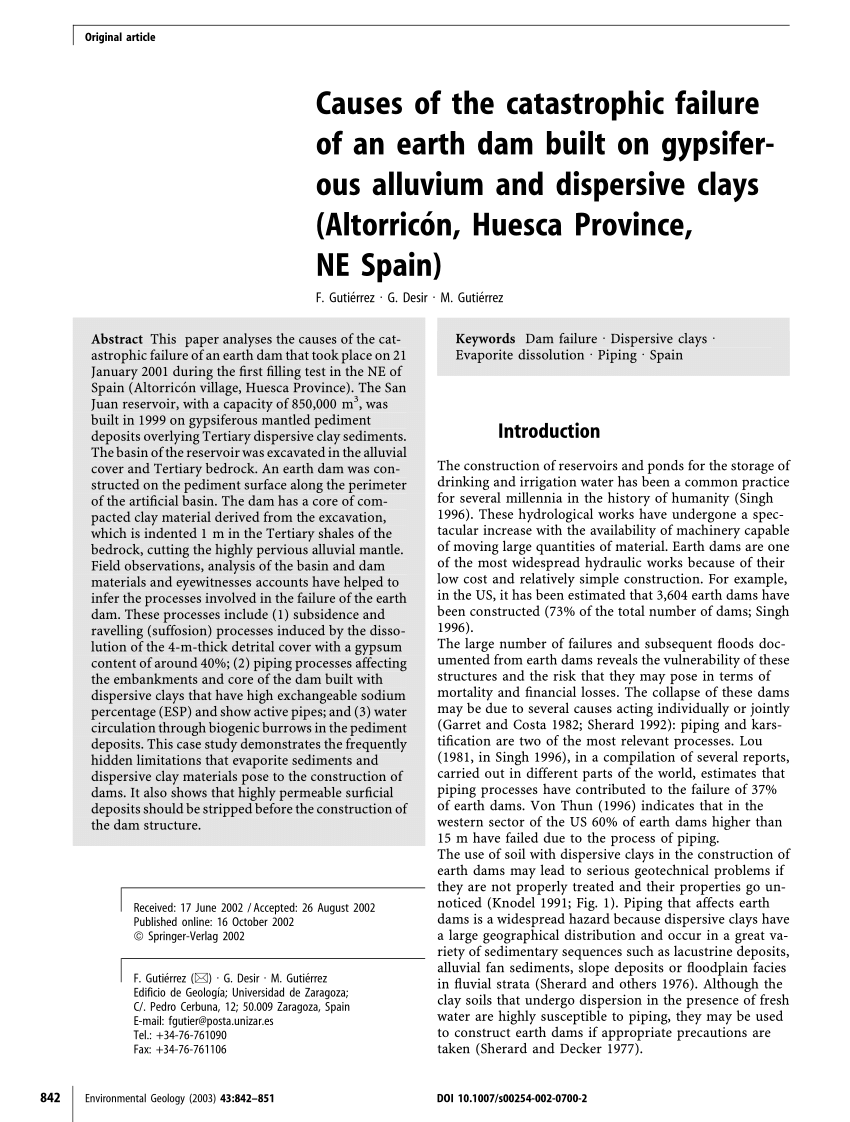 Pdf Causes Of The Catastrophic Failure Of An Earth Dam Built On Gypsiferous Alluvium And Dispersive Clays Altorricon Huesca Province Ne Spain