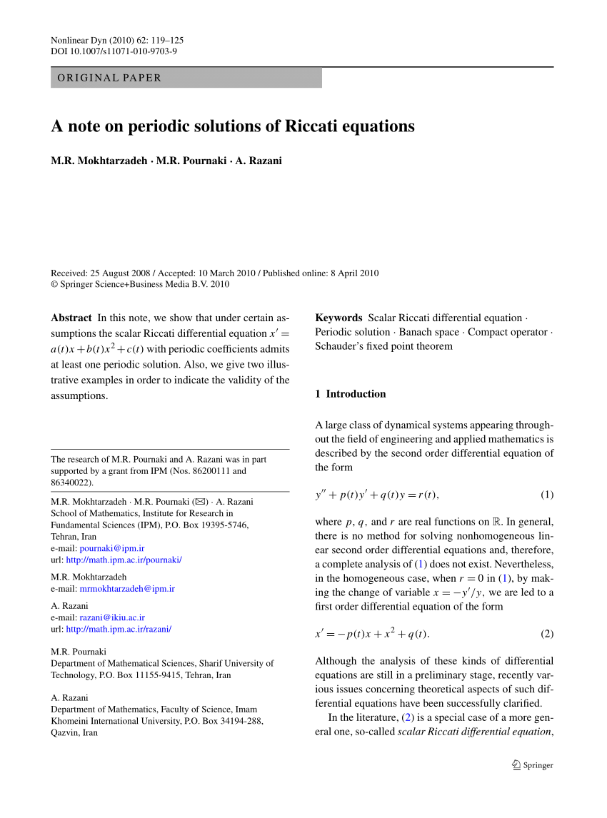 Pdf A Note On Periodic Solutions Of Riccati Equations