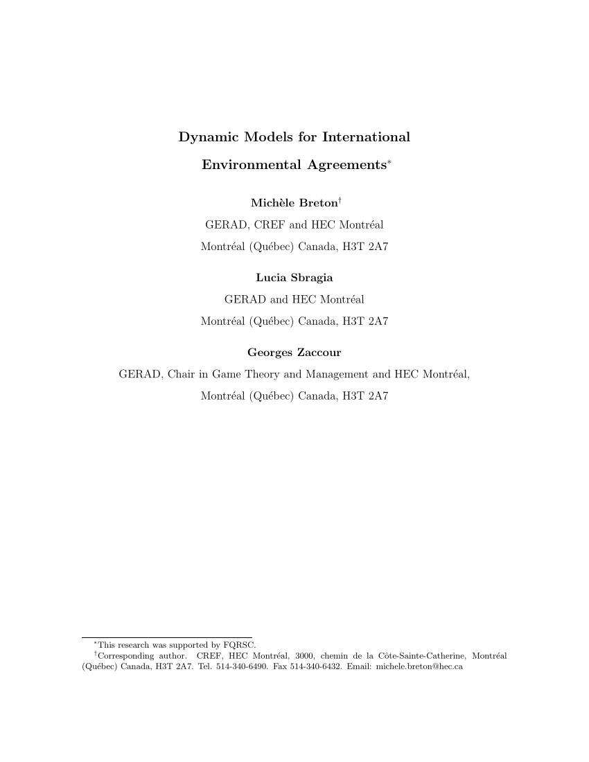 PDF A Dynamic Model for International Environmental Agreements