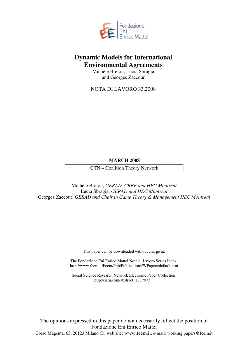 PDF A Dynamic Model for International Environmental Agreements