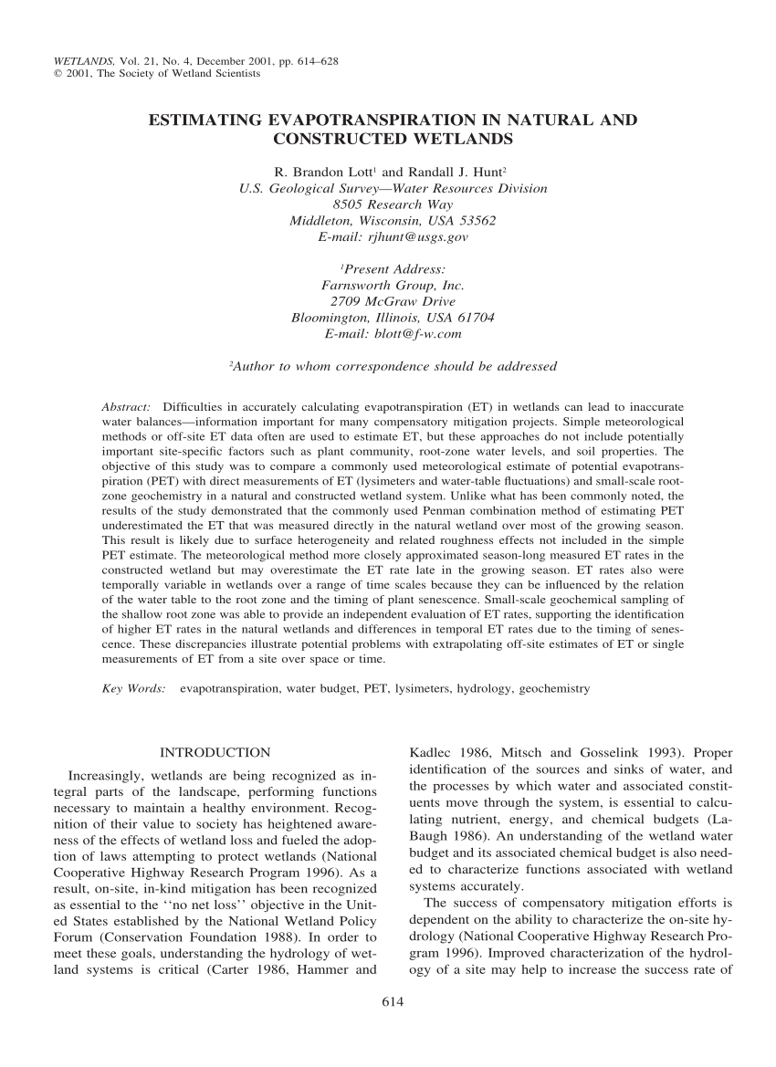 Pdf Estimating Evapotranspiration In Natural And Constructed Wetlands