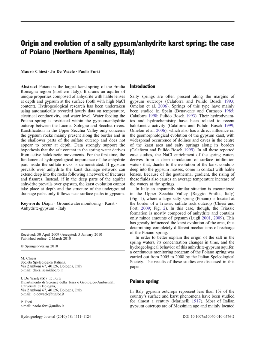 PDF) Origin and evolution of a salty gypsum/anhydrite karst spring: The  case of Poiano (Northern Apennines, Italy)