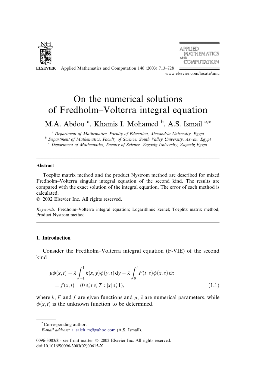 Pdf On The Numerical Solutions Of Integral Equation Of Mixed Type