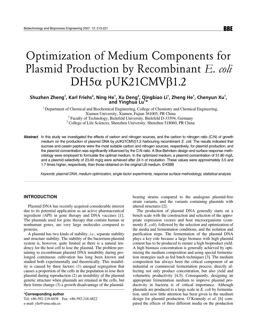 Pdf Optimization Of Medium Components For Plasmid Production By Recombinant E Coli Dh5a Puk21cmvb1 2