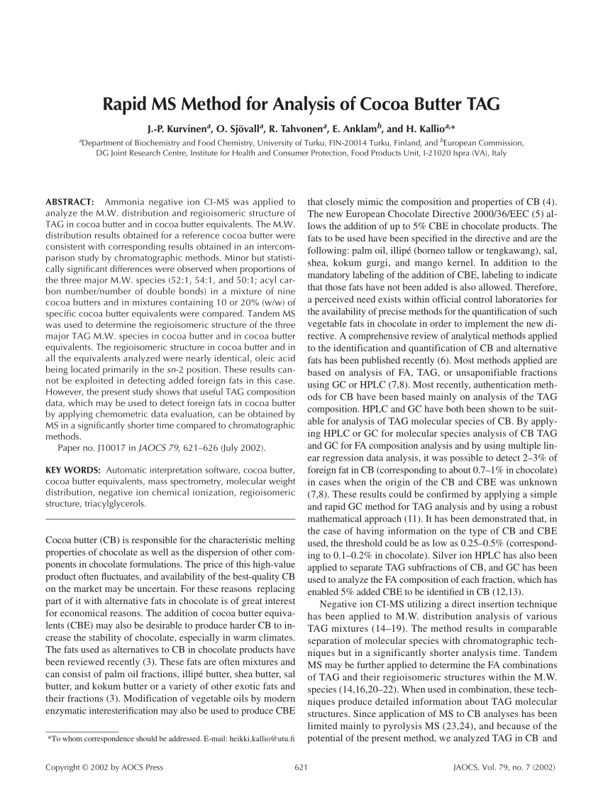 PDF) Rapid MS method for analysis of cocoa butter TAG