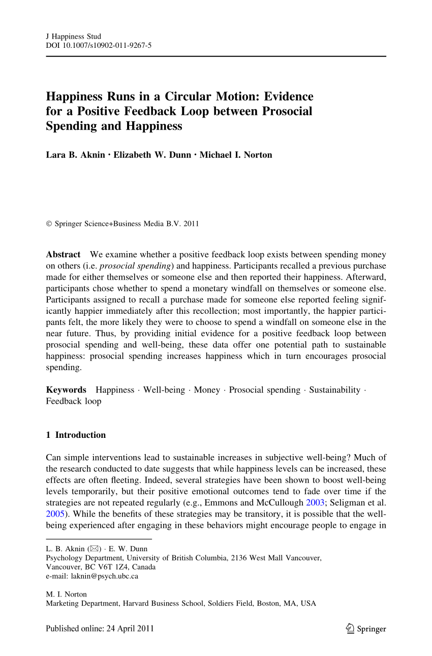 PDF) Happiness Runs in a Circular Motion: Evidence for a Positive Feedback  Loop Between Prosocial Spending and Happiness